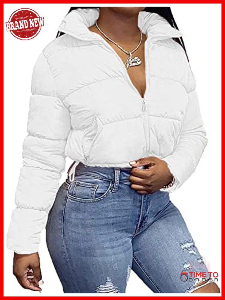 Cropped Lightweight Quilted Jacket Full Zipper Warm Coat Stand Collar Drawstring